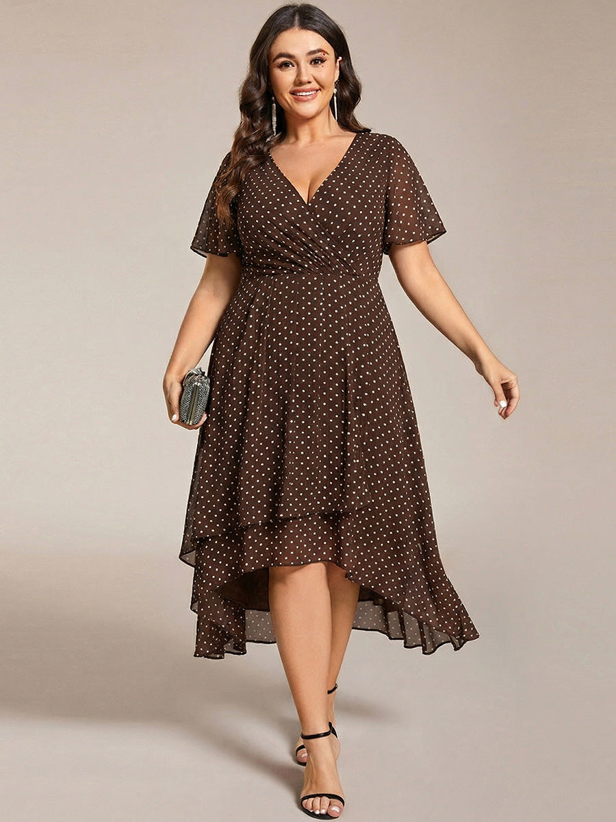 Plus Size Chiffon Short Sleeves Pleated V-Neck A-Line Midi Wedding Guest Dress #color_Brown Polka Dots