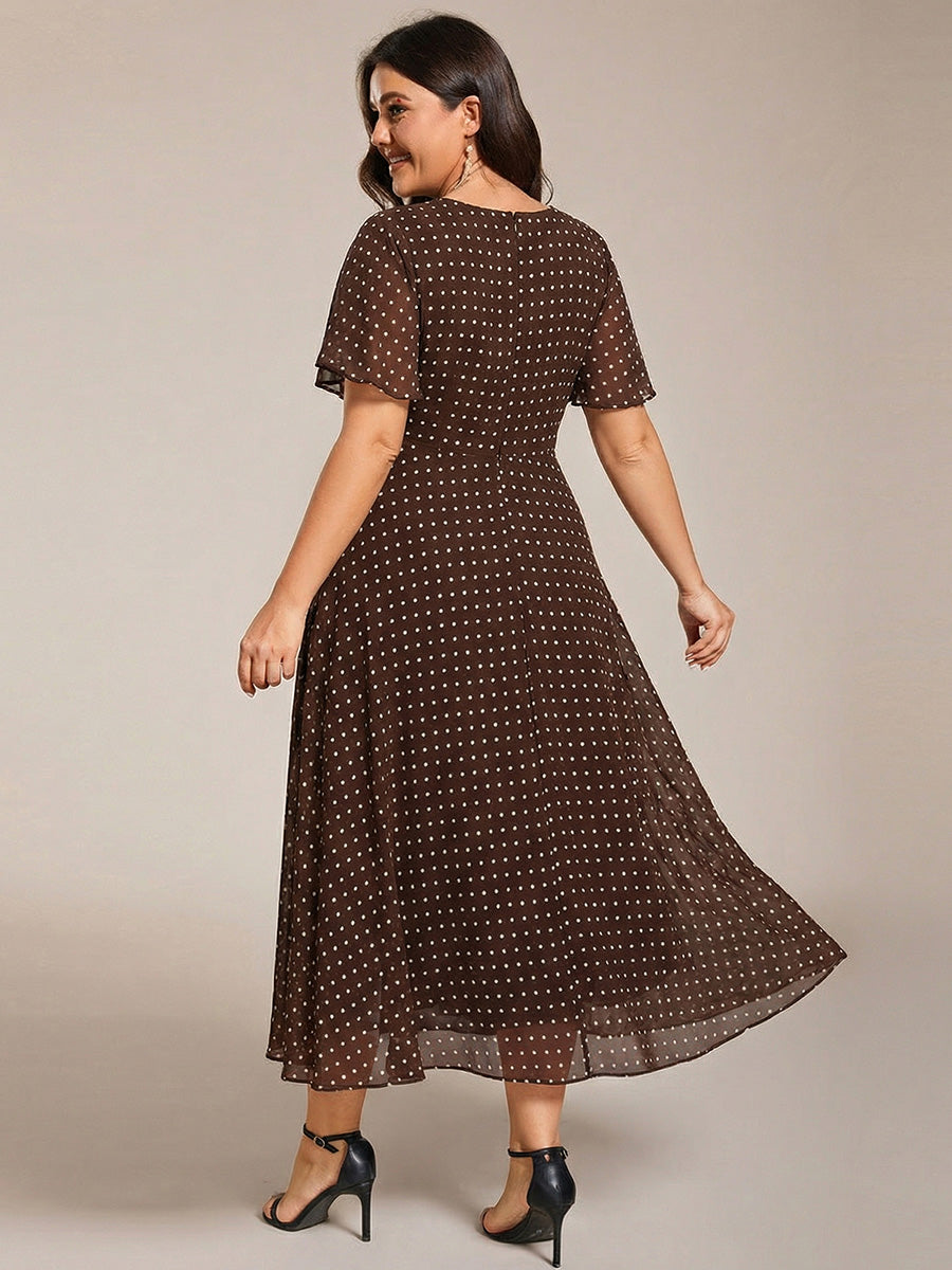 Plus Size Chiffon Short Sleeves Pleated V-Neck A-Line Midi Wedding Guest Dress #color_Brown Polka Dots