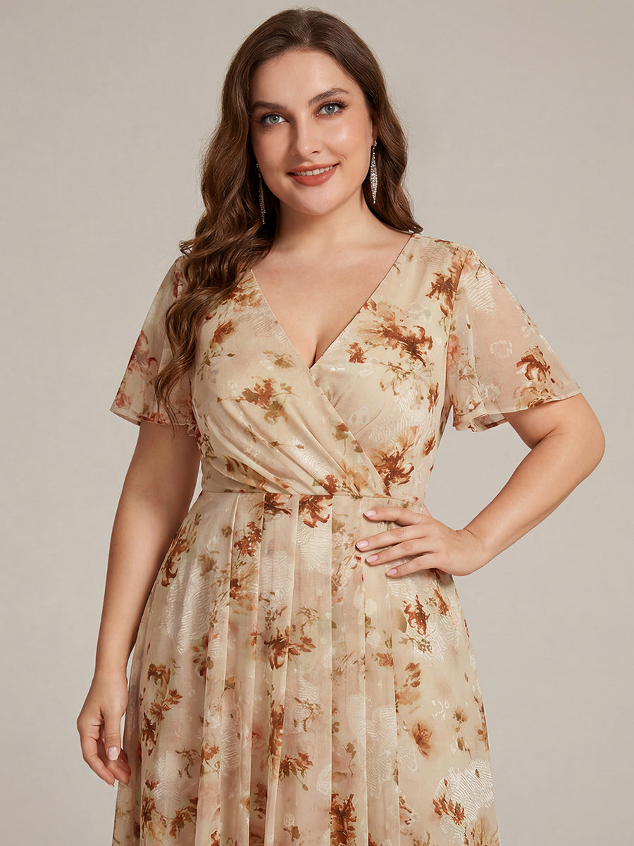 Plus Size Chiffon Short Sleeves Pleated V-Neck A-Line Midi Wedding Guest Dress #color_Champagne Print