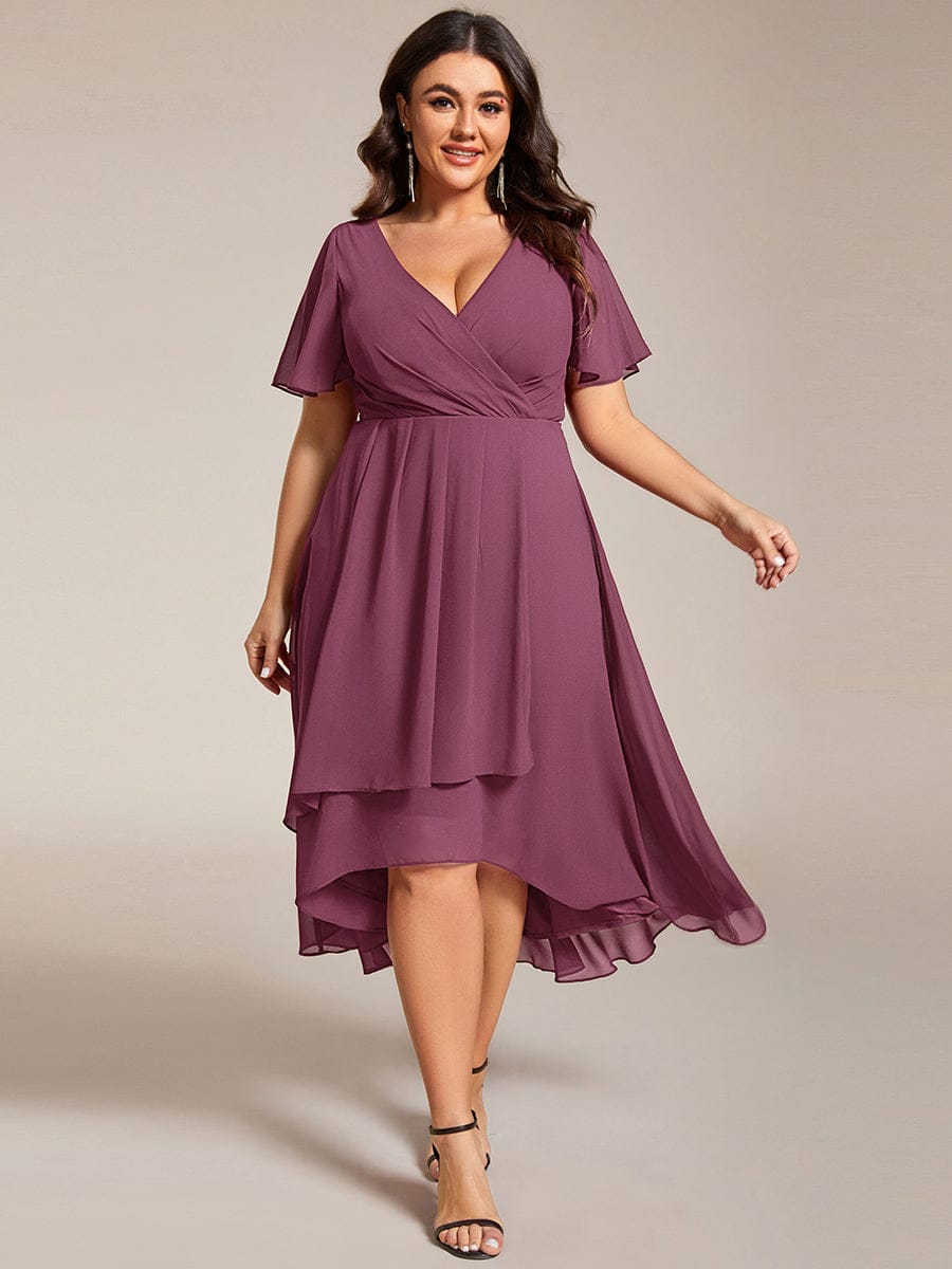 Plus Size Chiffon Short Sleeves Pleated V-Neck A-Line Midi Wedding Guest Dress  #color_Damson