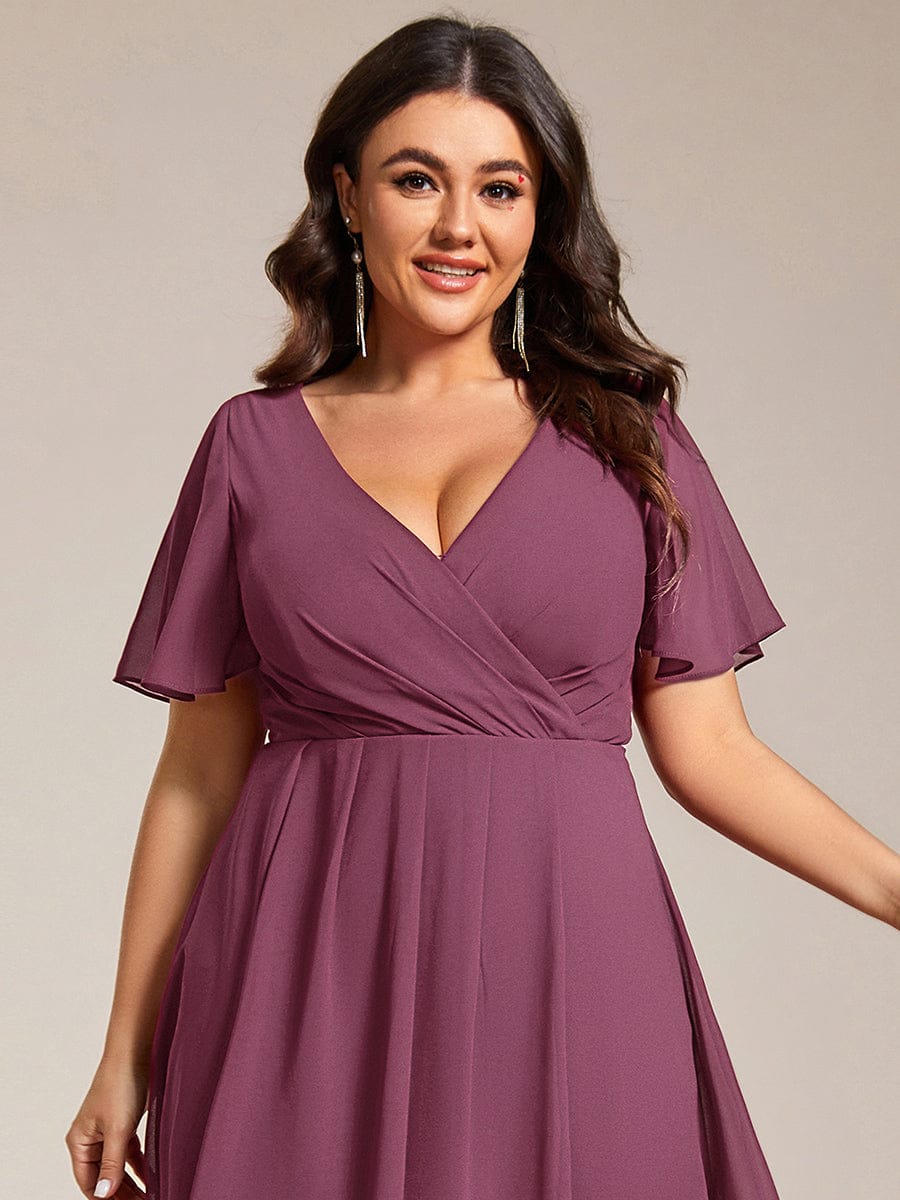 Plus Size Chiffon Short Sleeves Pleated V-Neck A-Line Midi Wedding Guest Dress  #color_Damson