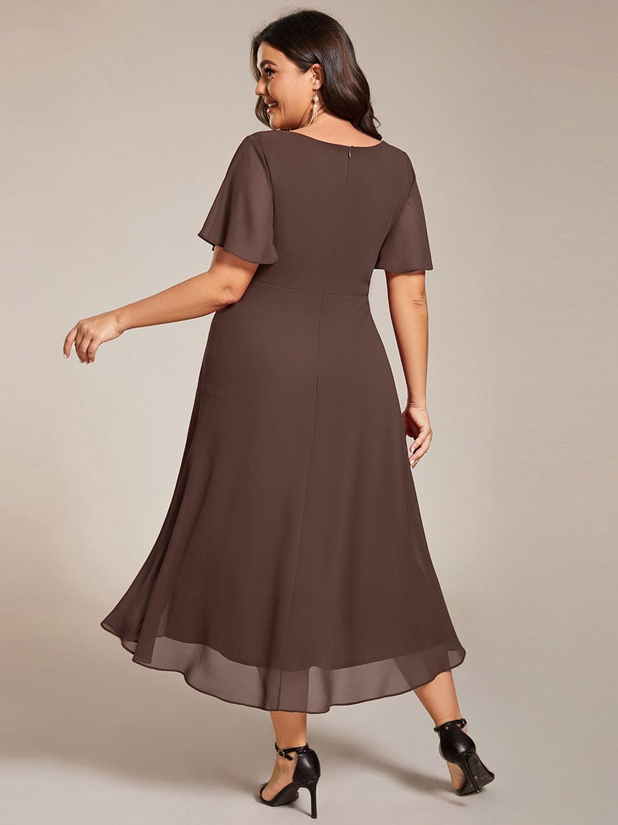 Plus Size Chiffon Short Sleeves Pleated V-Neck A-Line Midi Wedding Guest Dress  #color_Espresso