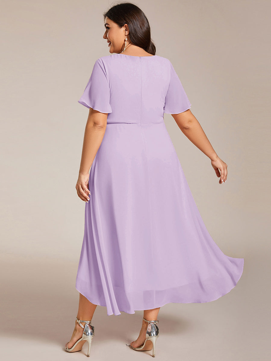 Plus Size Chiffon Short Sleeves Pleated V-Neck A-Line Midi Wedding Guest Dress #color_Frosted Lilac