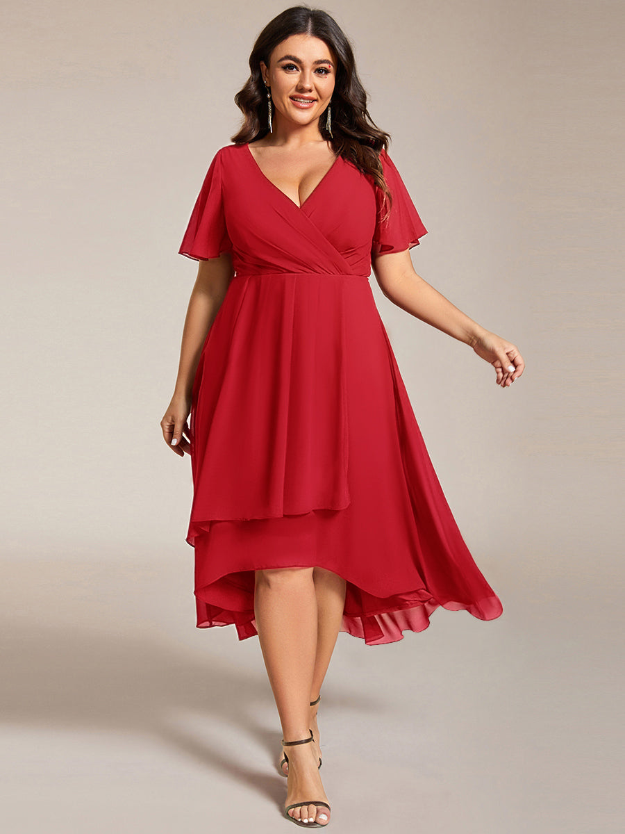 Plus Size Chiffon Short Sleeves Pleated V-Neck A-Line Midi Wedding Guest Dress #color_Red