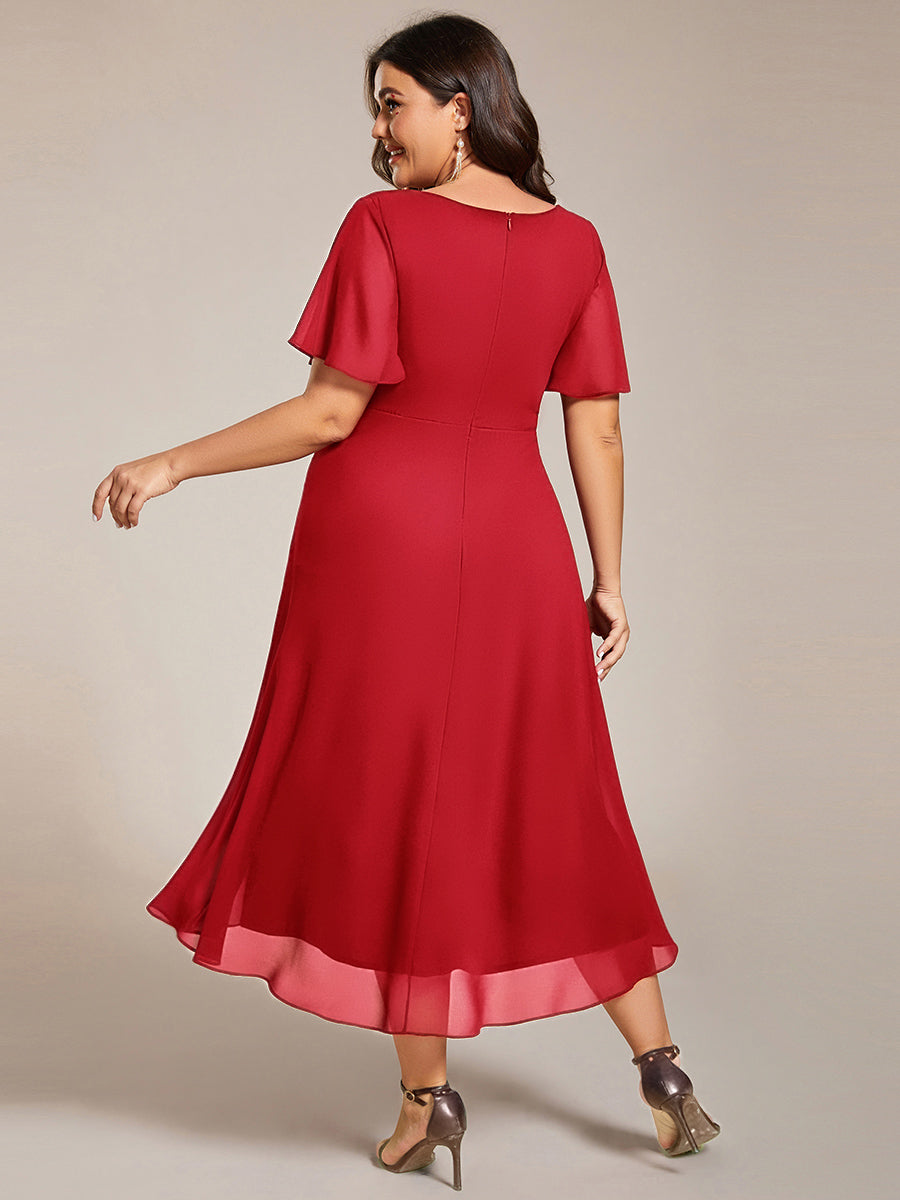 Plus Size Chiffon Short Sleeves Pleated V-Neck A-Line Midi Wedding Guest Dress #color_Red
