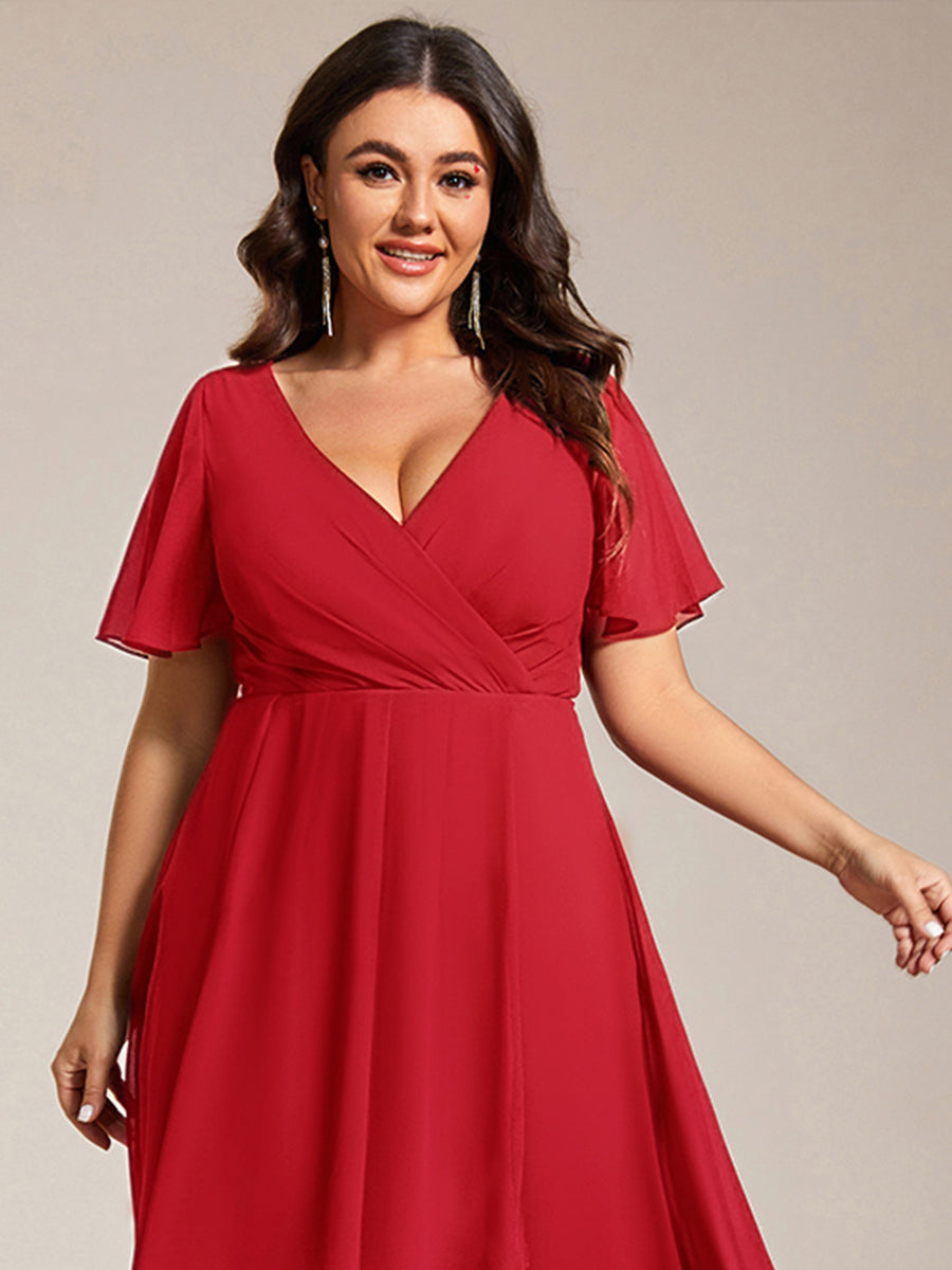 Plus Size Chiffon Short Sleeves Pleated V-Neck A-Line Midi Wedding Guest Dress #color_Red