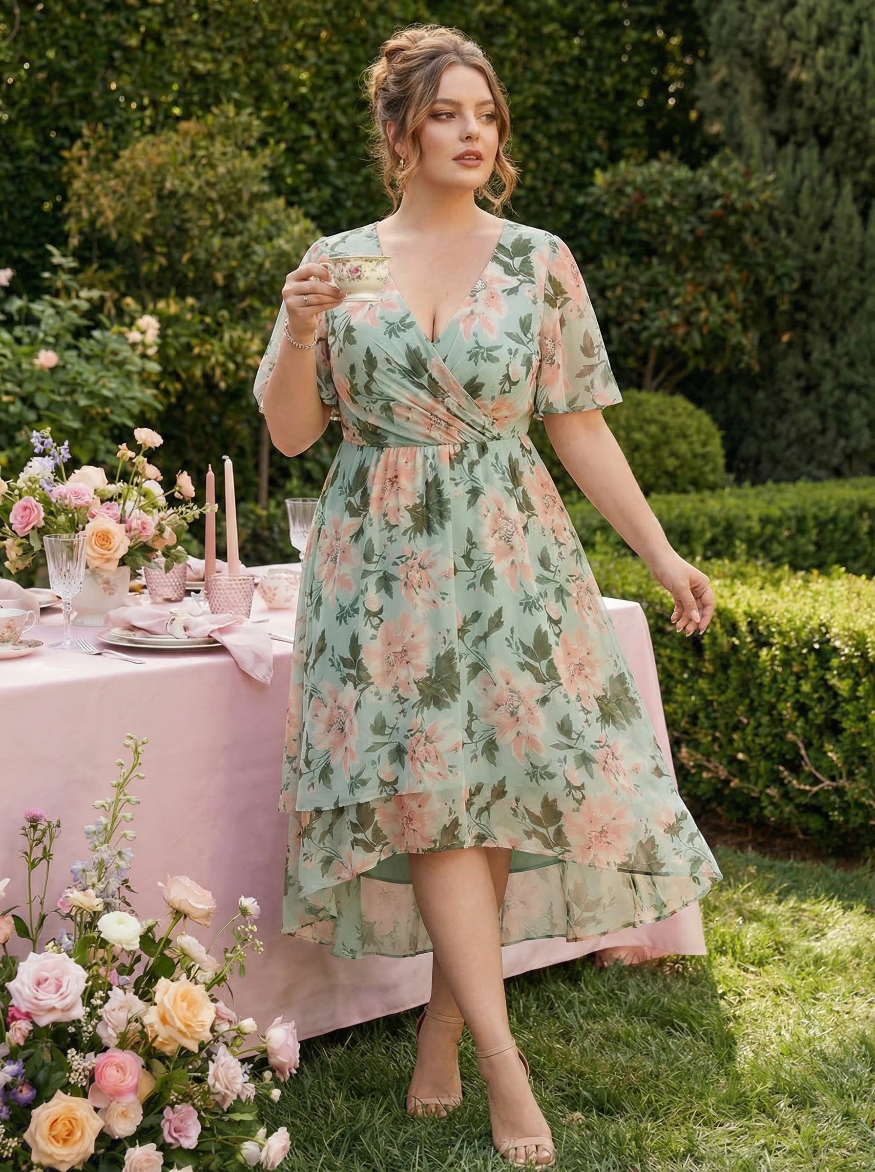 Deep V-Neck Chiffon Ruffle Sleeve Wedding Guest Dress #color_Light Green Floral