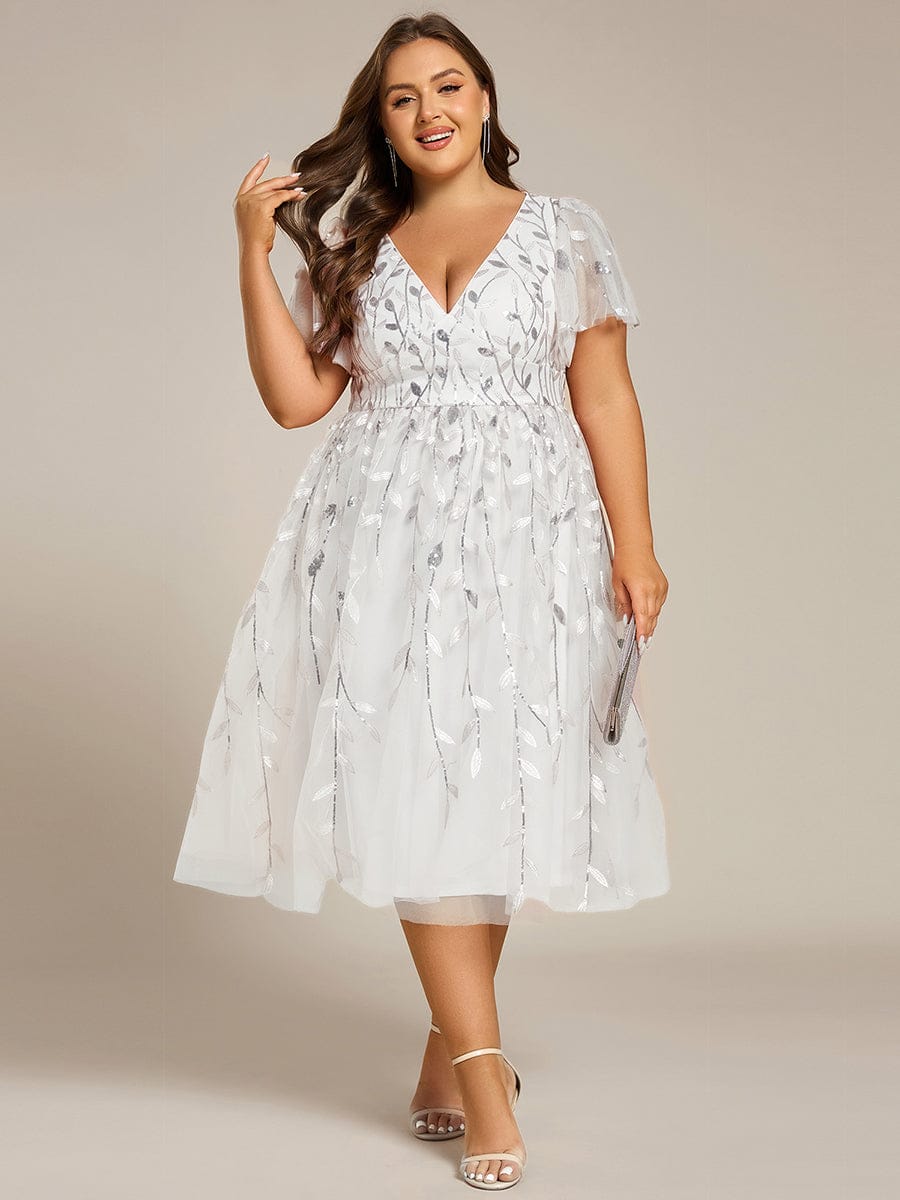 Plus Size Sparkly A-Line Midi Tulle Formal Wedding Guest Dress with Leaf Sequin #color_White