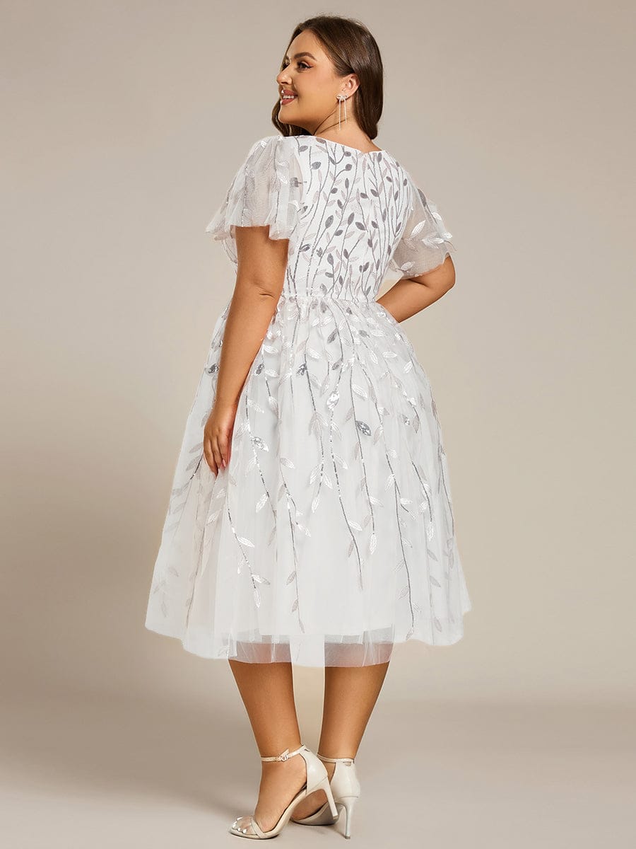 Plus Size Sparkly A-Line Midi Tulle Formal Wedding Guest Dress with Leaf Sequin #color_White