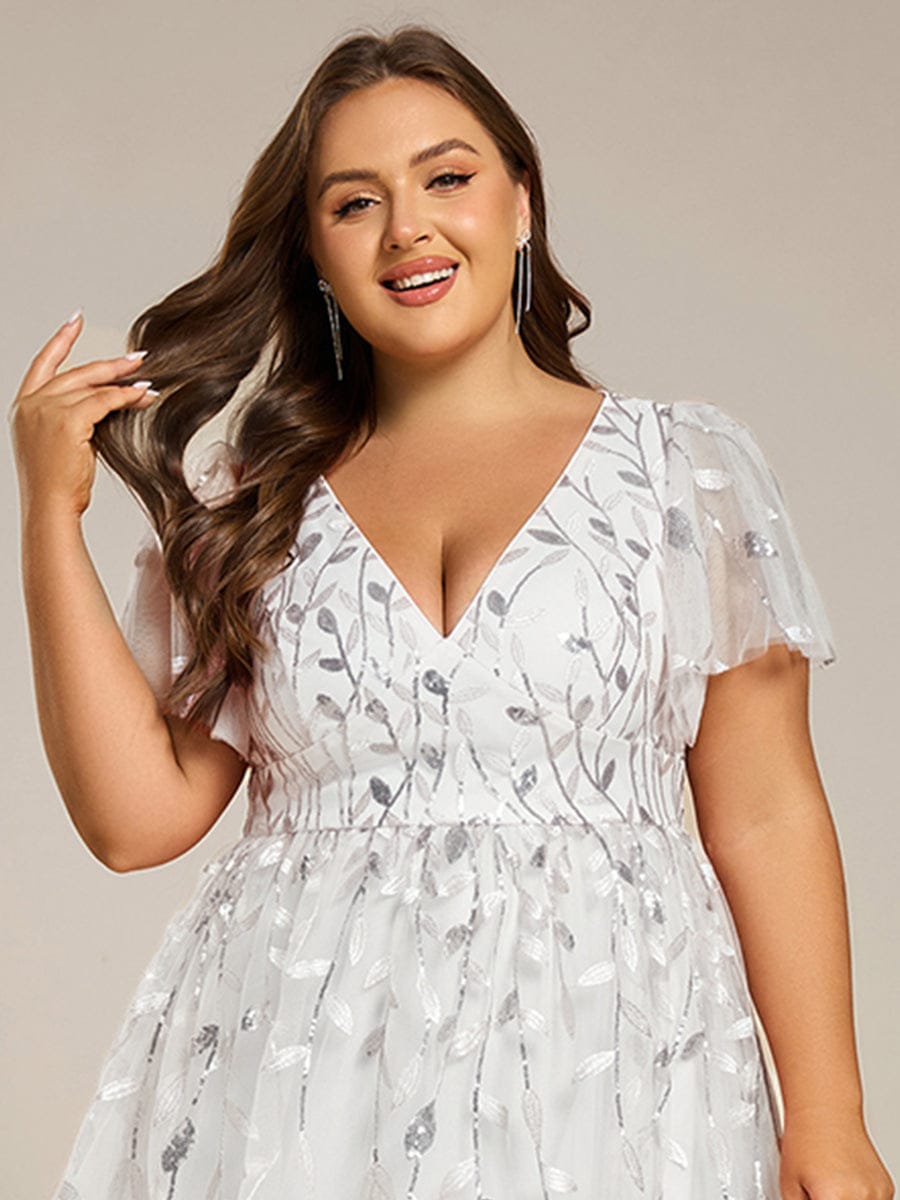 Plus Size Sparkly A-Line Midi Tulle Formal Wedding Guest Dress with Leaf Sequin #color_White