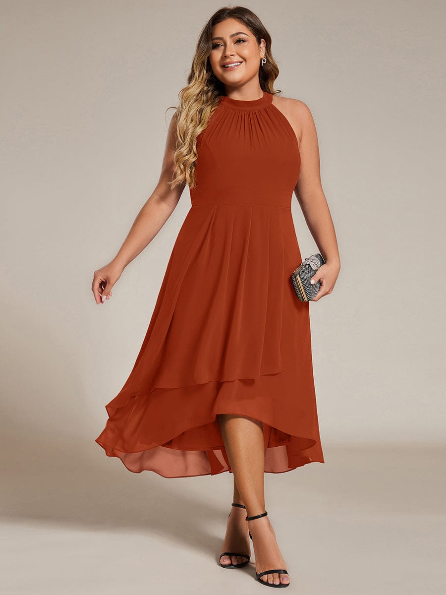 Midi Halter Neck Chiffon Wedding Guest Dress with Sleeveless and A-Line #color_Burnt Orange