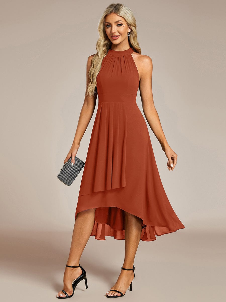 Midi Halter Neck Chiffon Wedding Guest Dress with Sleeveless and A-Line #color_Burnt Orange