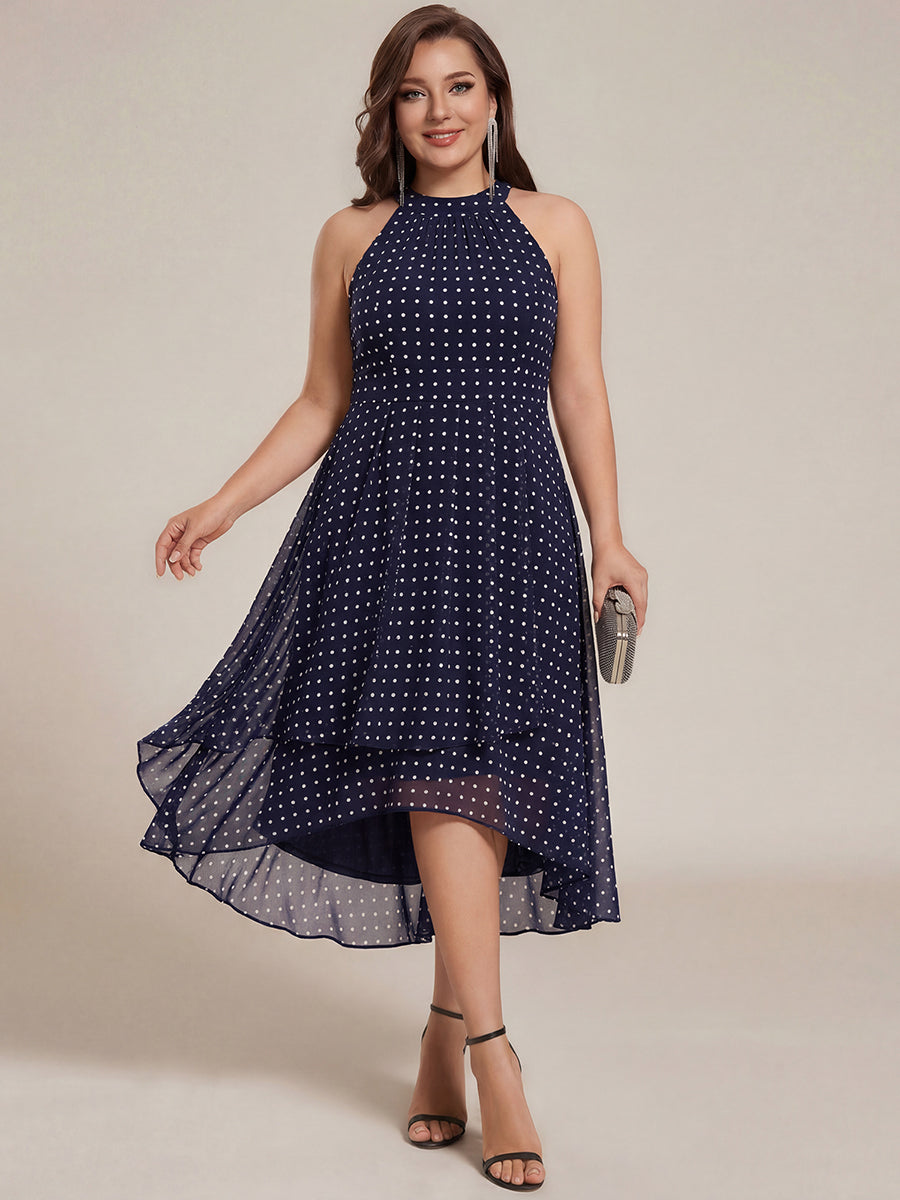 Midi Halter Neck Chiffon Wedding Guest Dress with Sleeveless and A-Line #color_Navy Blue Polka Dots