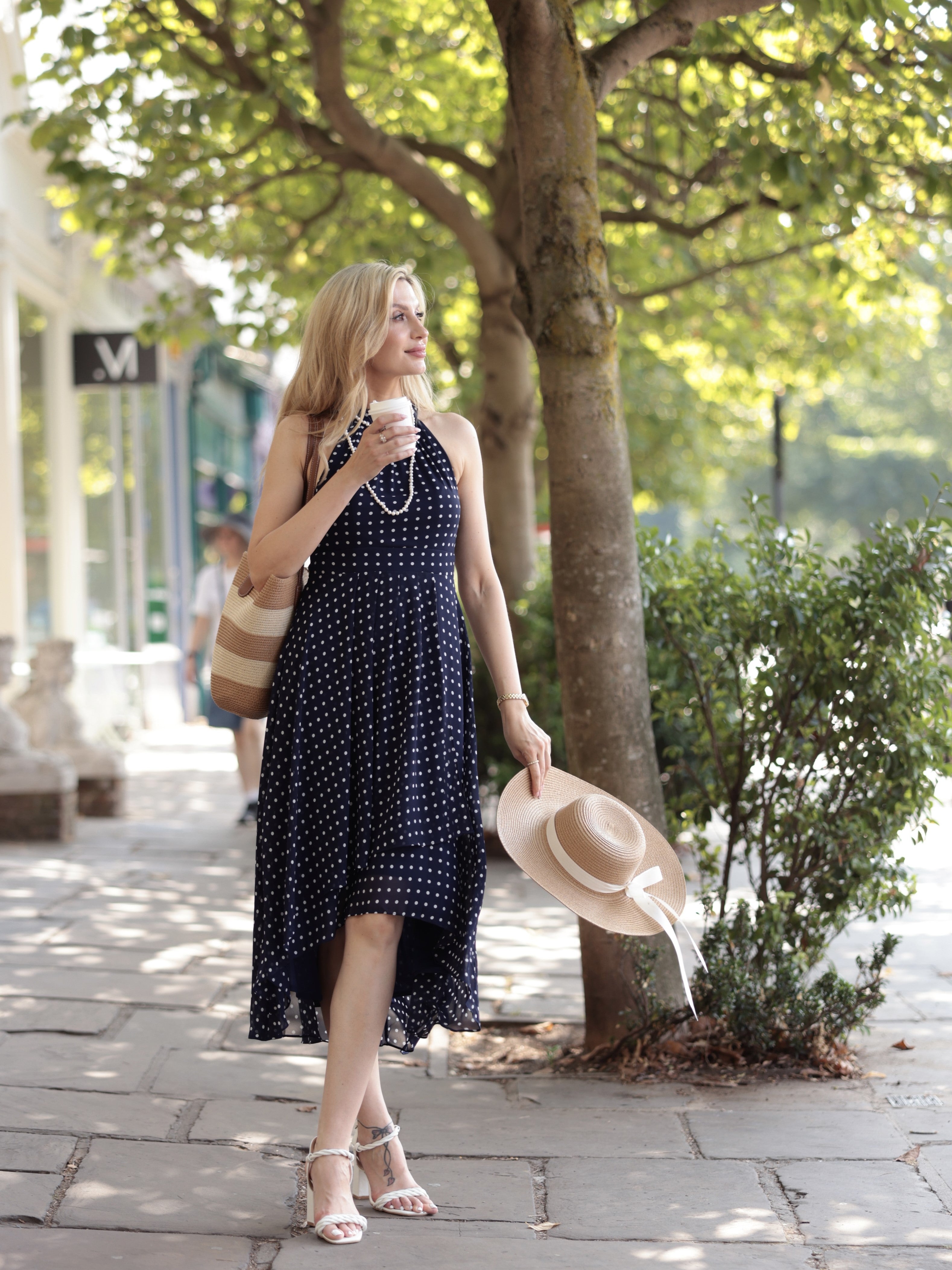 Midi Halter Neck Chiffon Wedding Guest Dress with Sleeveless and A-Line #color_Navy Blue Polka Dots