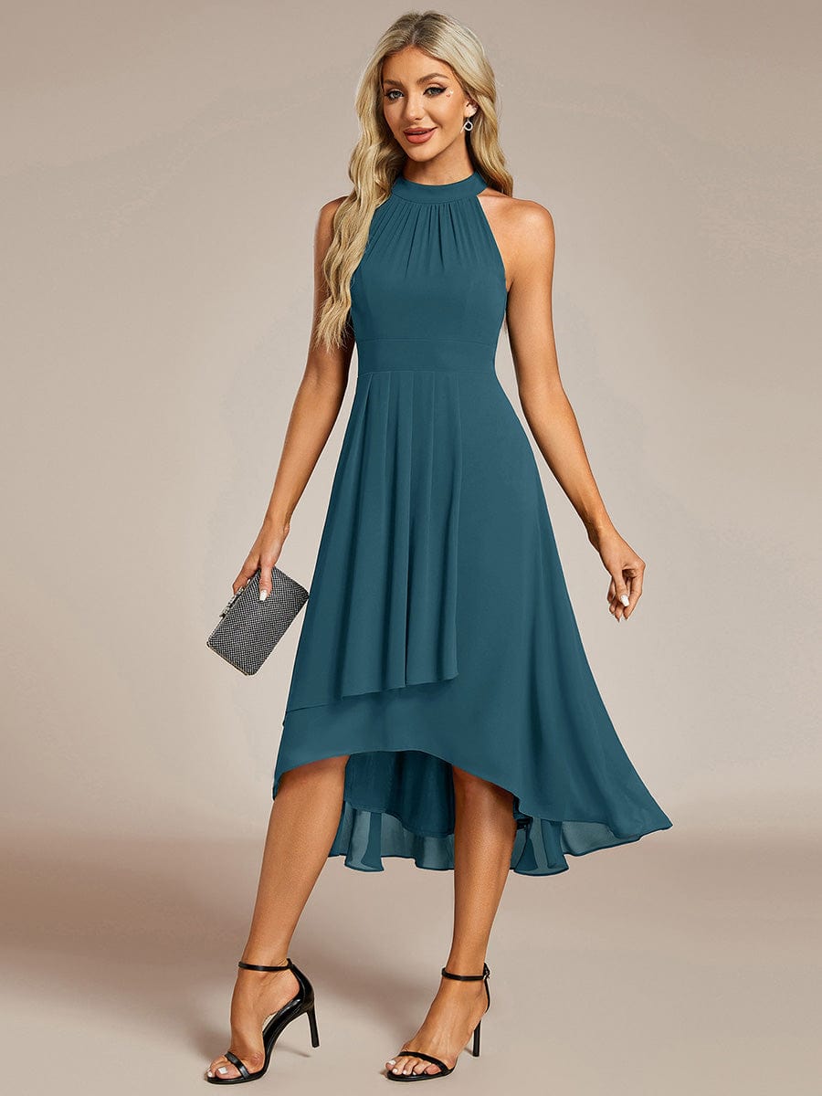 Midi Halter Neck Chiffon Wedding Guest Dress with Sleeveless and A-Line #color_Teal