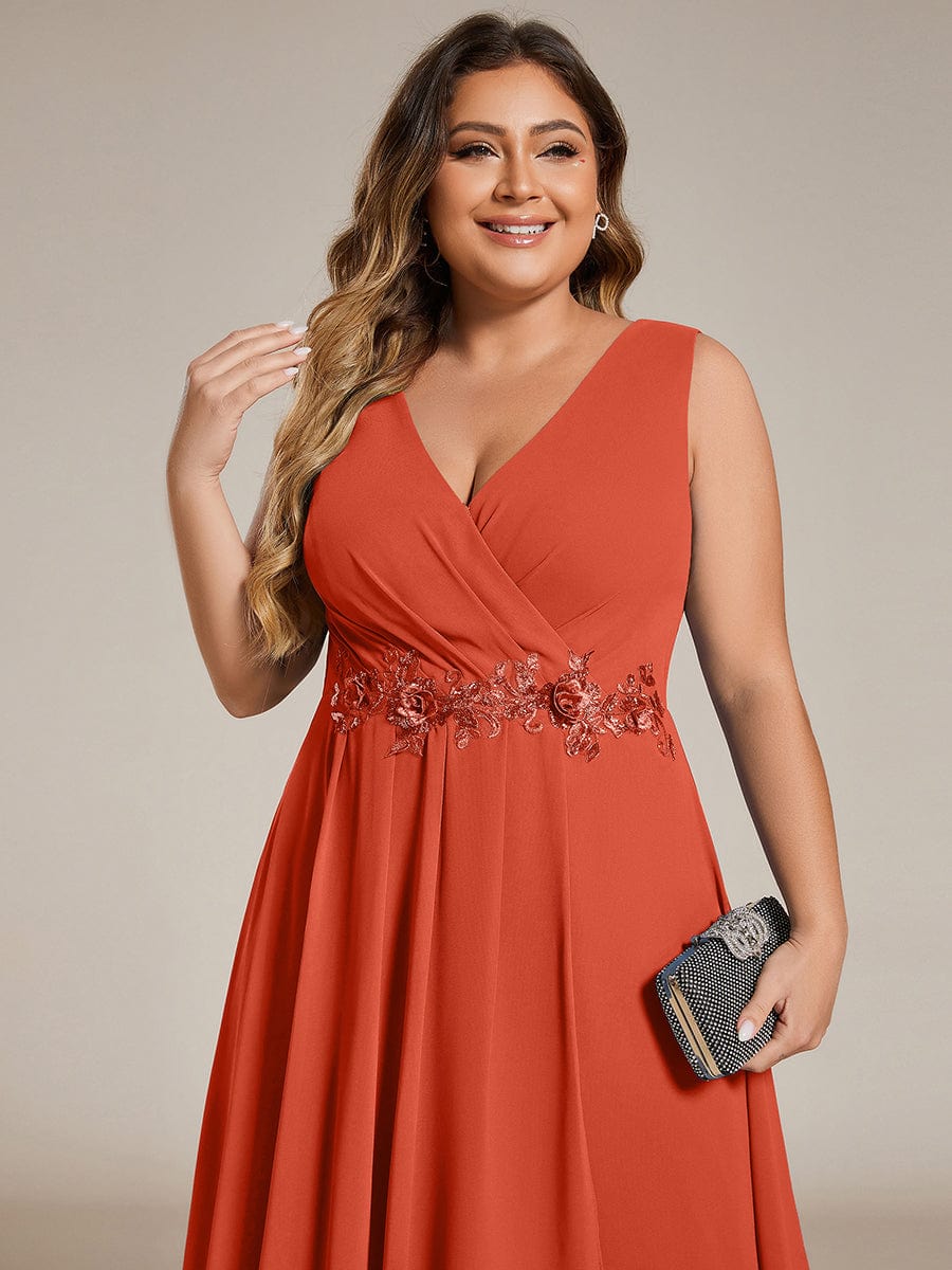Sleeveless V-Neck High Low Wedding Guest Dress with Floral Applique #color_Burnt Orange