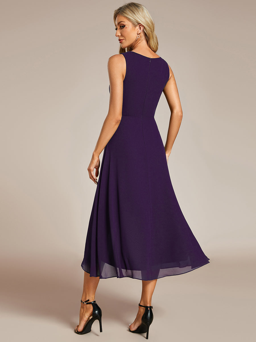 Sleeveless V-Neck High Low Wedding Guest Dress with Floral Applique #color_Dark Purple