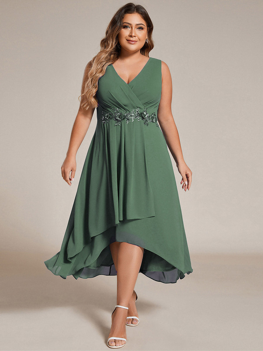 Sleeveless V-Neck High Low Wedding Guest Dress with Floral Applique #color_Eucalyptus