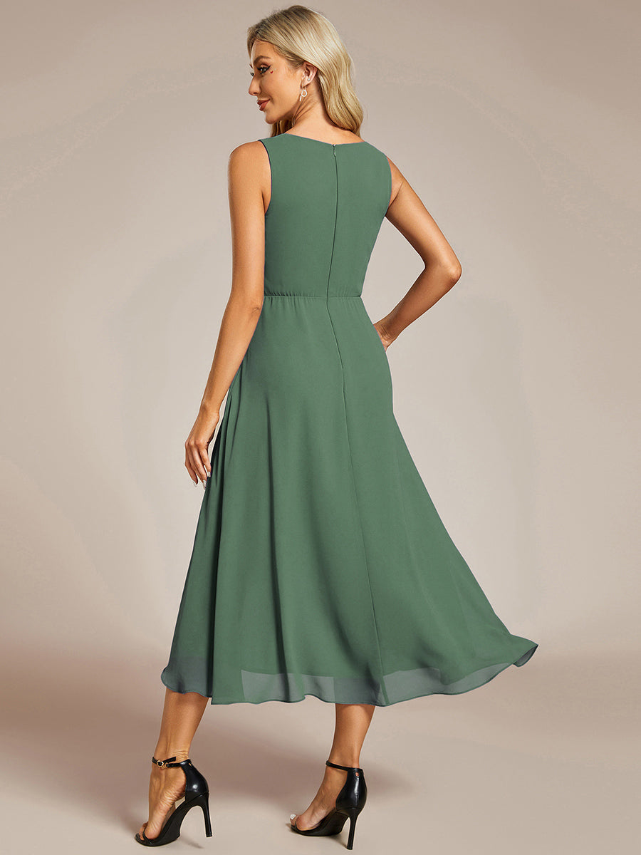 Sleeveless V-Neck High Low Wedding Guest Dress with Floral Applique #color_Eucalyptus