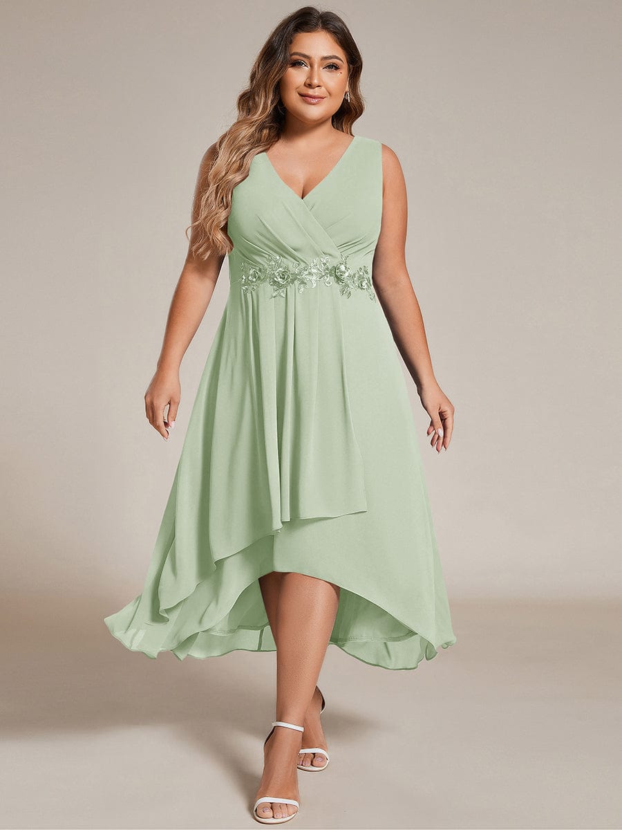 Sleeveless V-Neck High Low Wedding Guest Dress with Floral Applique #color_Mint Green