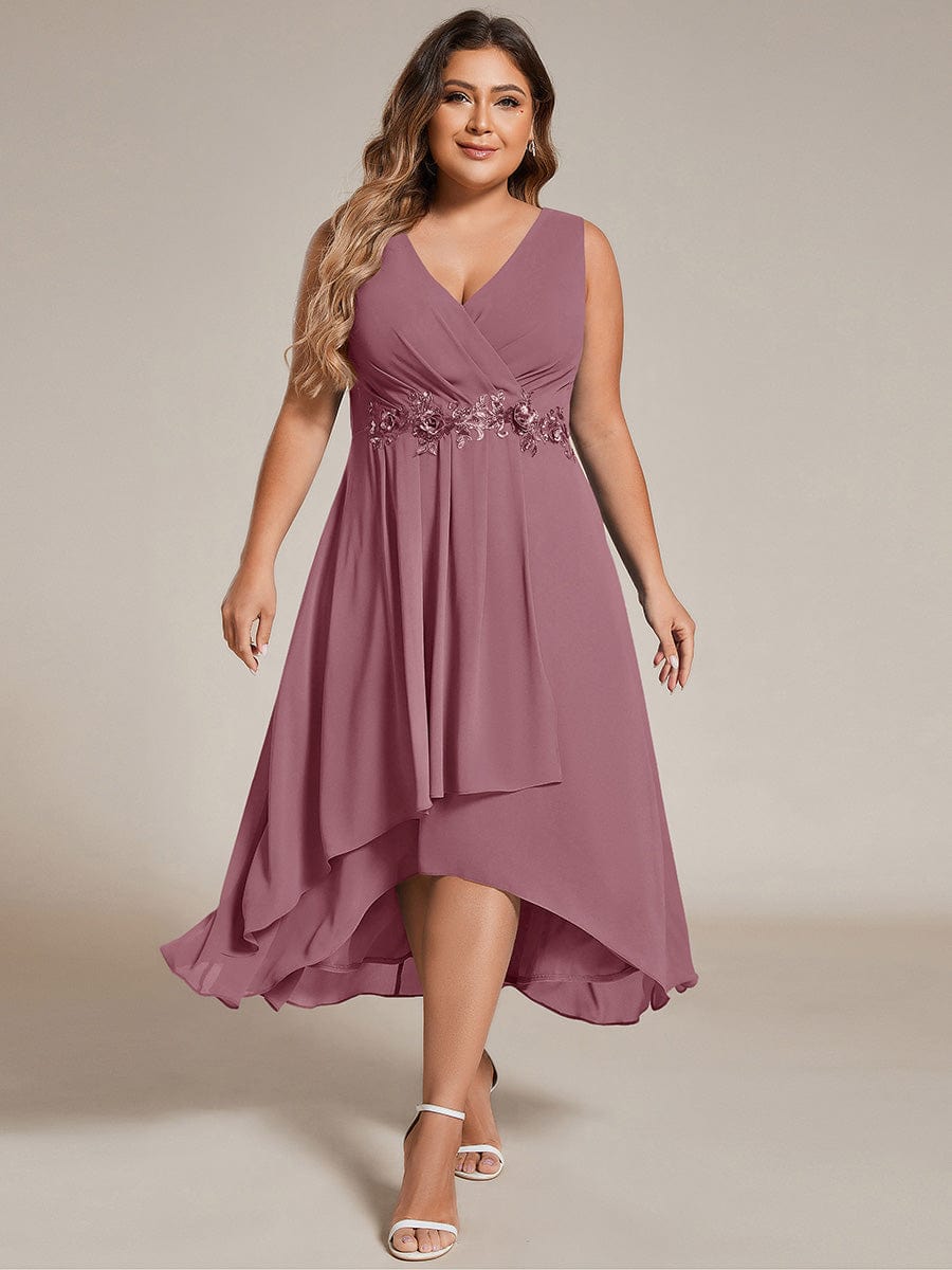 Sleeveless V-Neck High Low Wedding Guest Dress with Floral Applique #color_Purple Orchid