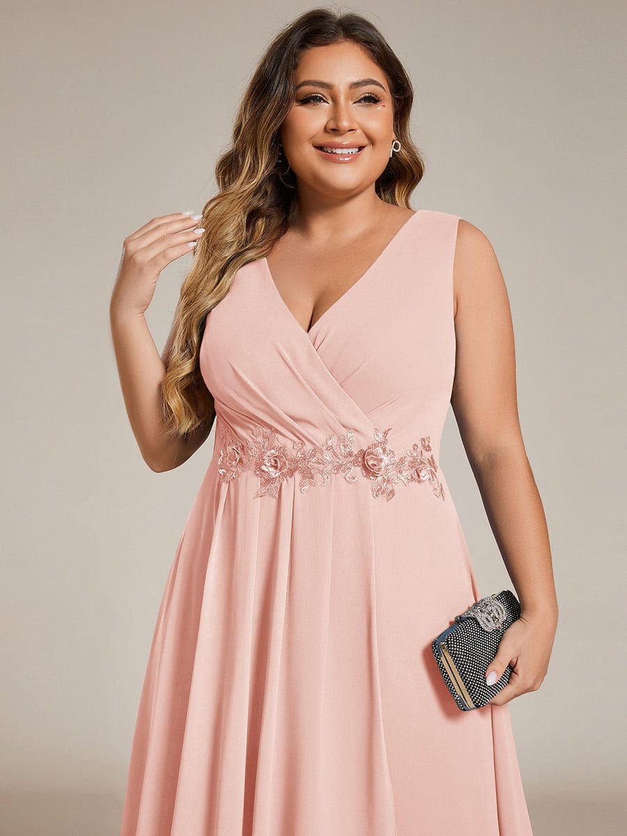 Sleeveless V-Neck High Low Wedding Guest Dress with Floral Applique #color_Pink