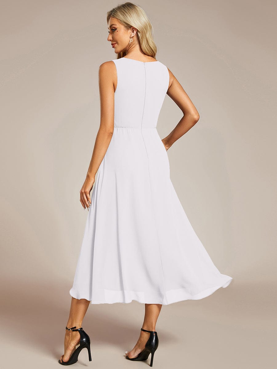 Sleeveless V-Neck High Low Wedding Guest Dress with Floral Applique #color_White