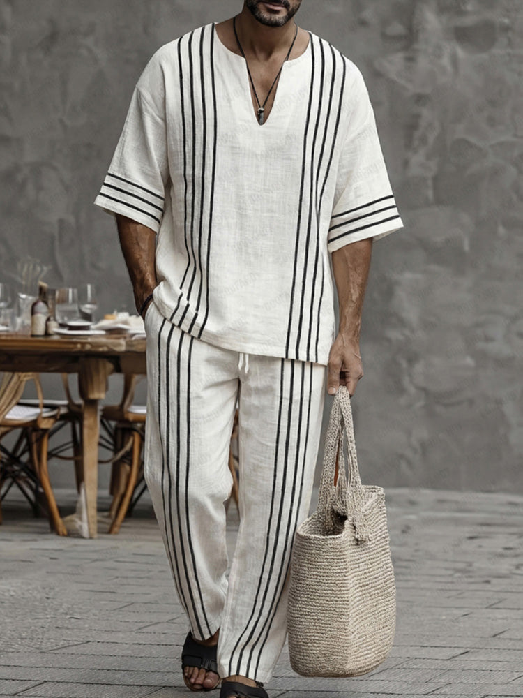 Casual Summer 100% Cotton Striped Matching Set - White