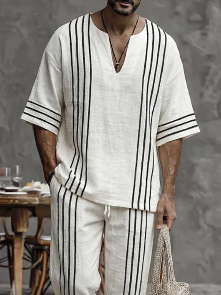 Casual Summer 100% Cotton Striped Matching Set - White