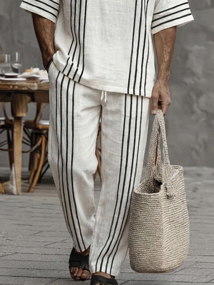 Casual Summer 100% Cotton Striped Matching Set - White