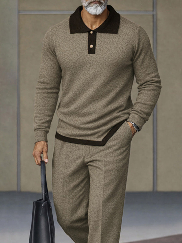 Versatile Asymmetric Hem Polo Shirt Pants Set - Brown