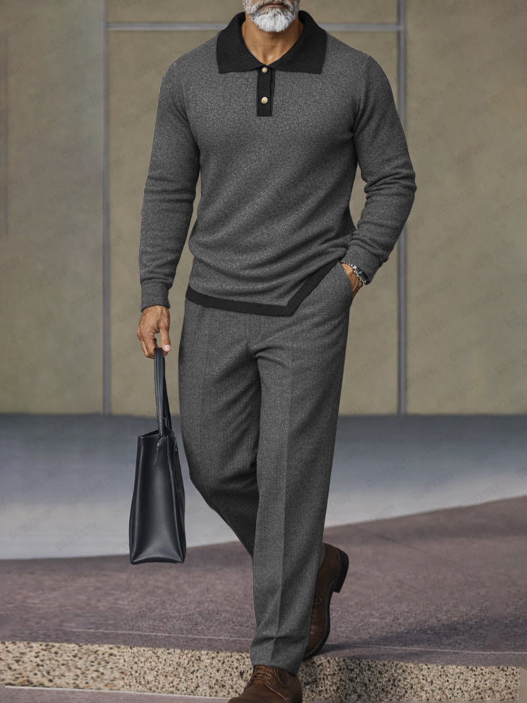 Versatile Asymmetric Hem Polo Shirt Pants Set - Gray