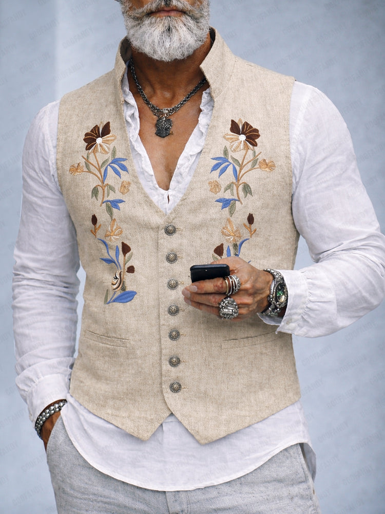Elegant Cotton Linen Embroidered Vest - Khaki