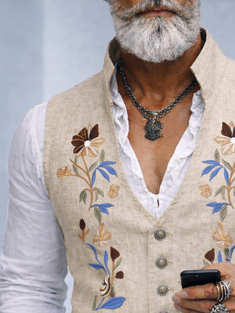 Elegant Cotton Linen Embroidered Vest - Khaki