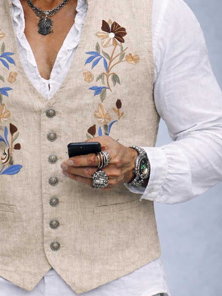 Elegant Cotton Linen Embroidered Vest - Khaki