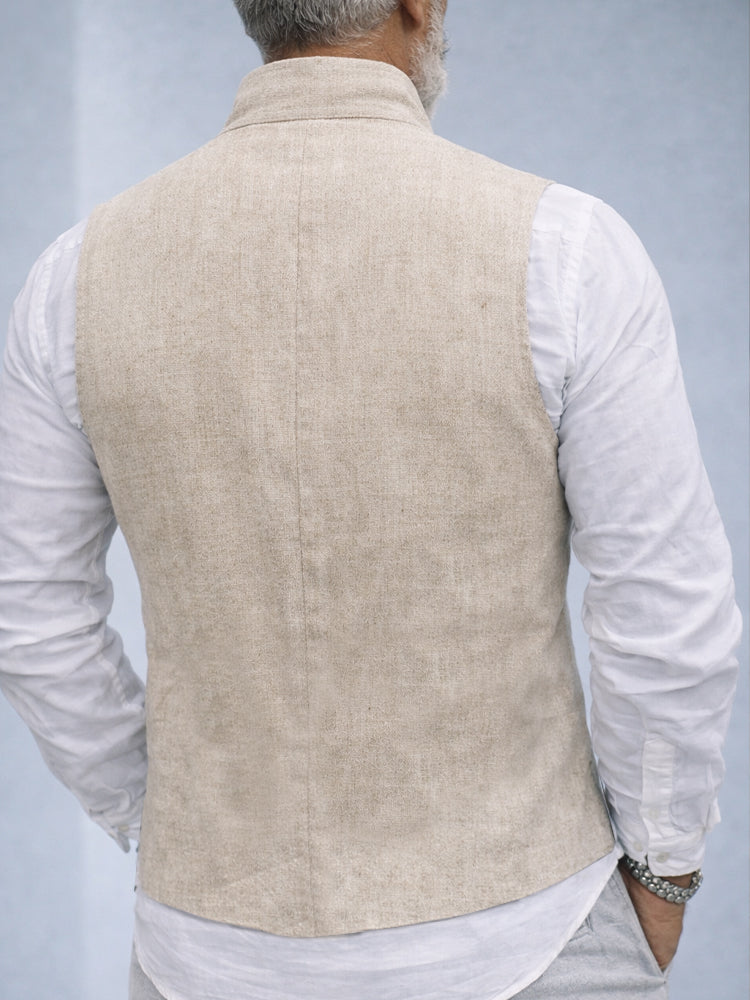 Elegant Cotton Linen Embroidered Vest - Khaki