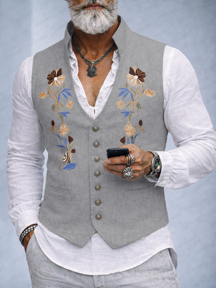 Elegant Cotton Linen Embroidered Vest - Gray