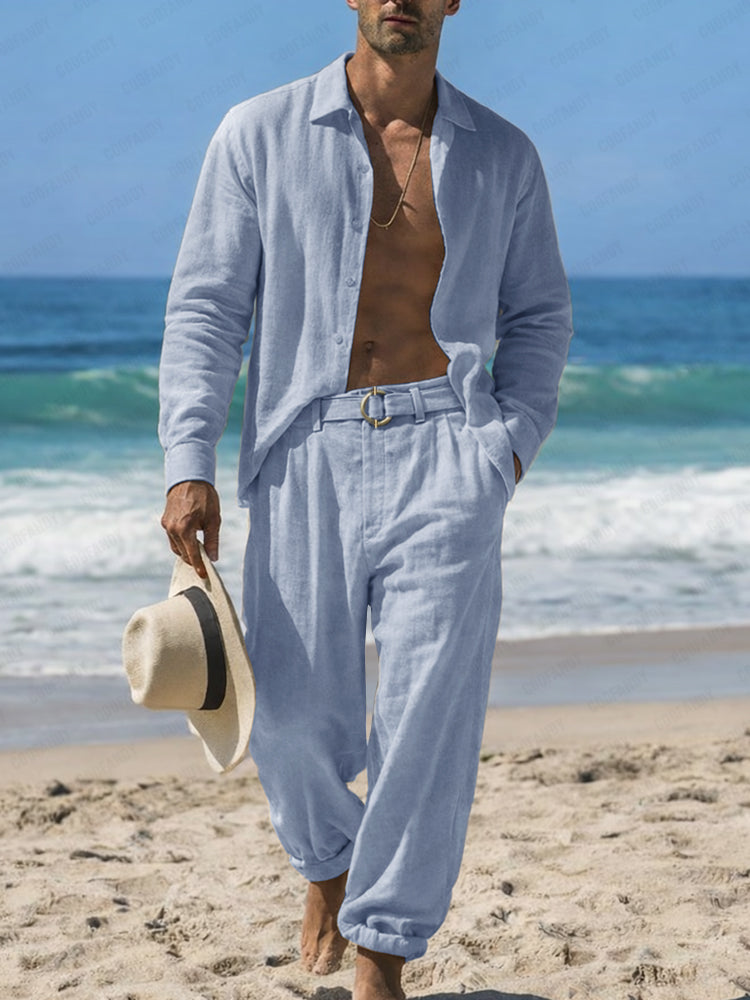 Casual Comfy 100% Cotton Shirt Pants Set - Blue