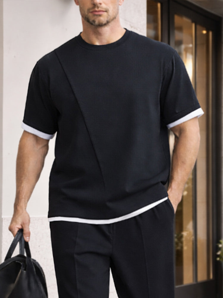 Casual Fake 2-Piece T-shirt Pants Set - Black