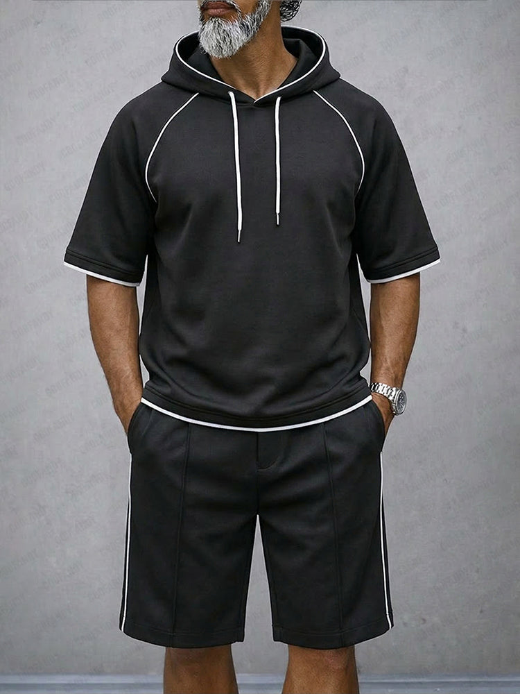 Relaxed Fit Contrast Stitch Tracksuit Set - Black