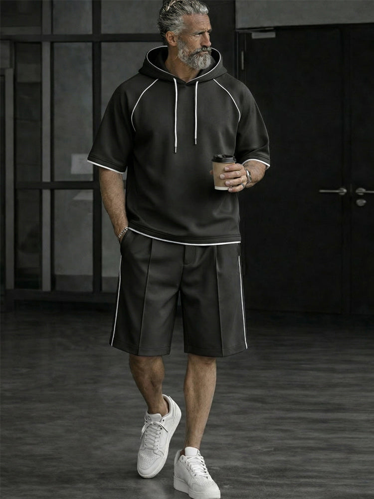 Relaxed Fit Contrast Stitch Tracksuit Set - Black