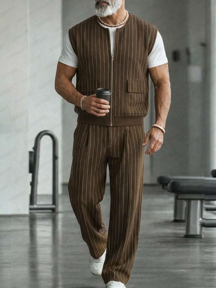 Urban Casual Pinstripe Zip Up Vest Pants Set - Brown