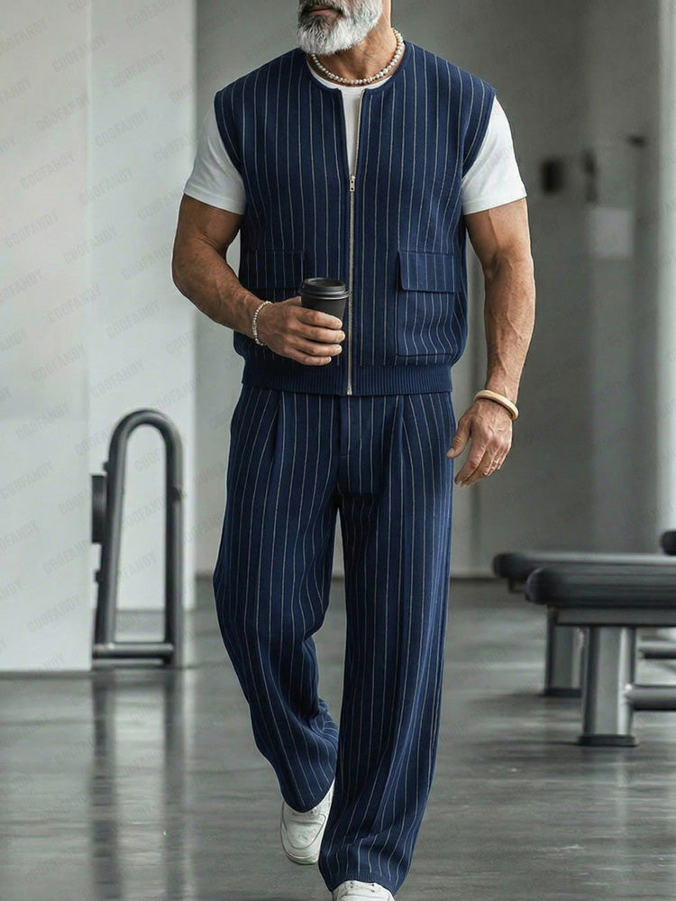 Urban Casual Pinstripe Zip Up Vest Pants Set - Navy Blue