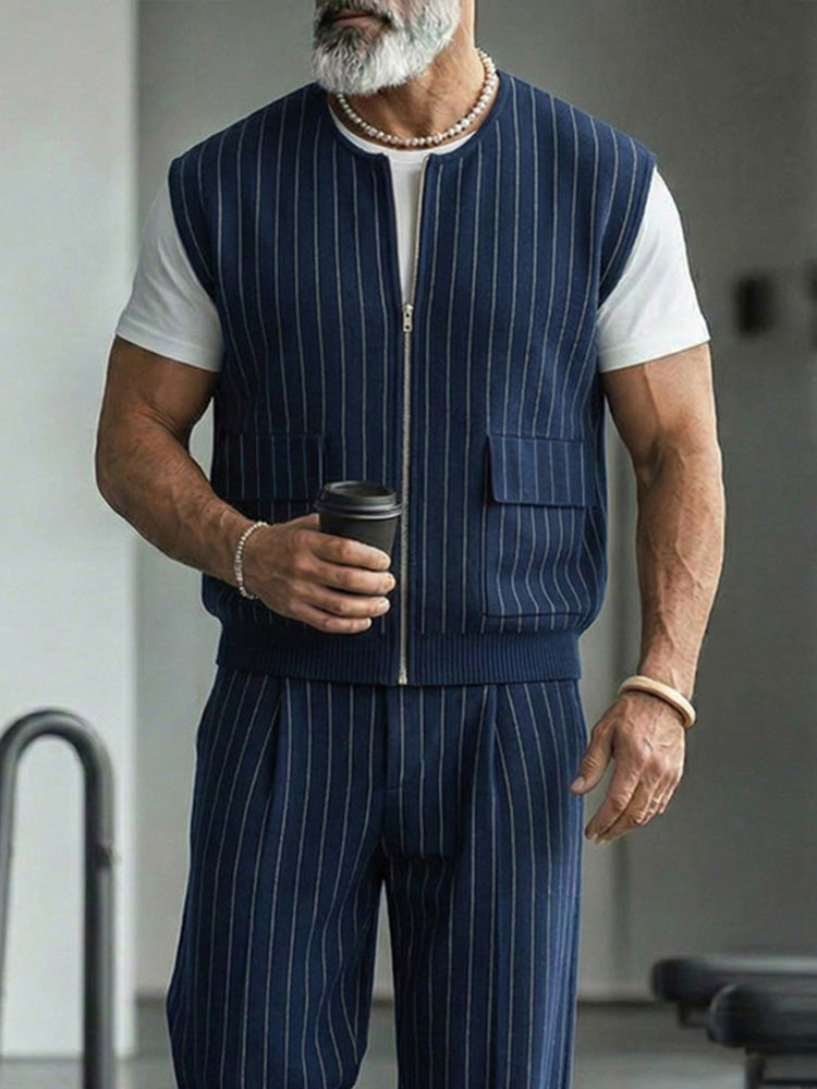 Urban Casual Pinstripe Zip Up Vest Pants Set - Navy Blue