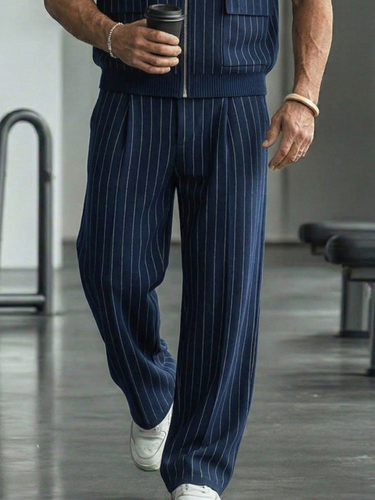 Urban Casual Pinstripe Zip Up Vest Pants Set - Navy Blue