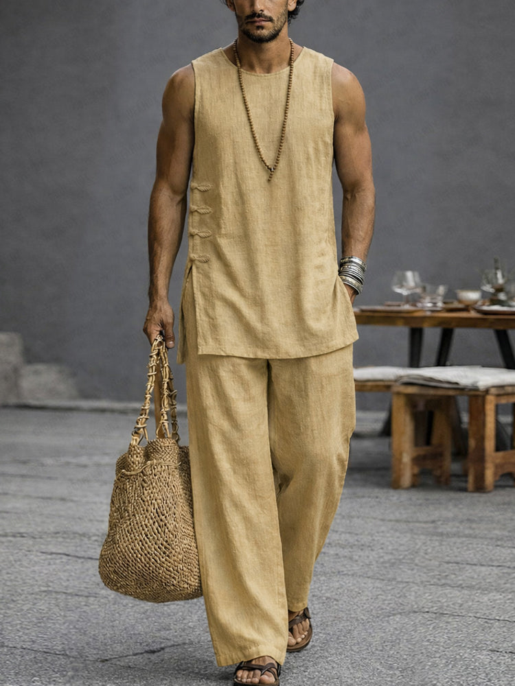 Simple Casual 100% Cotton Tank Top Pants Set - Khaki