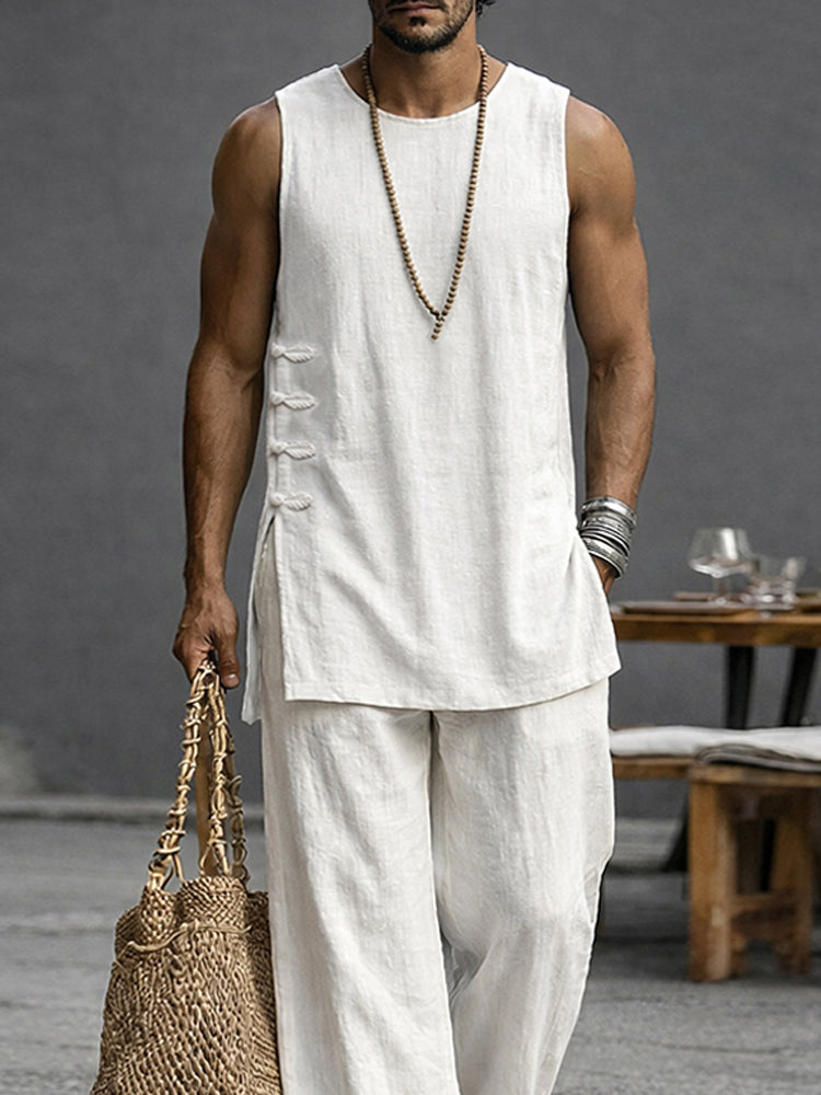Simple Casual 100% Cotton Tank Top Pants Set - White
