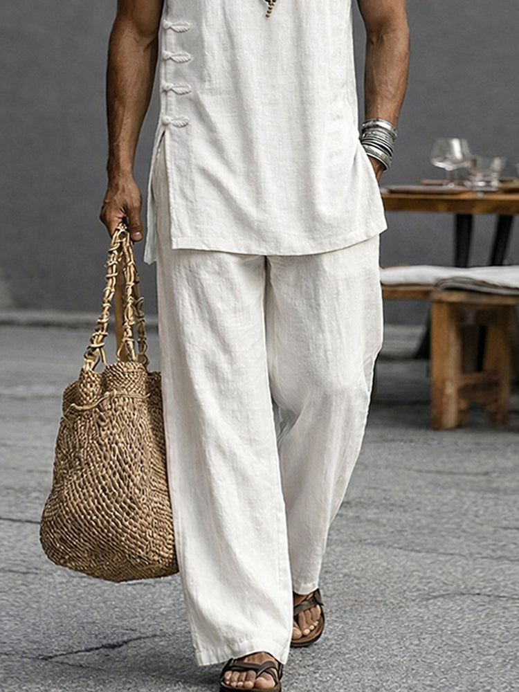 Simple Casual 100% Cotton Tank Top Pants Set - White