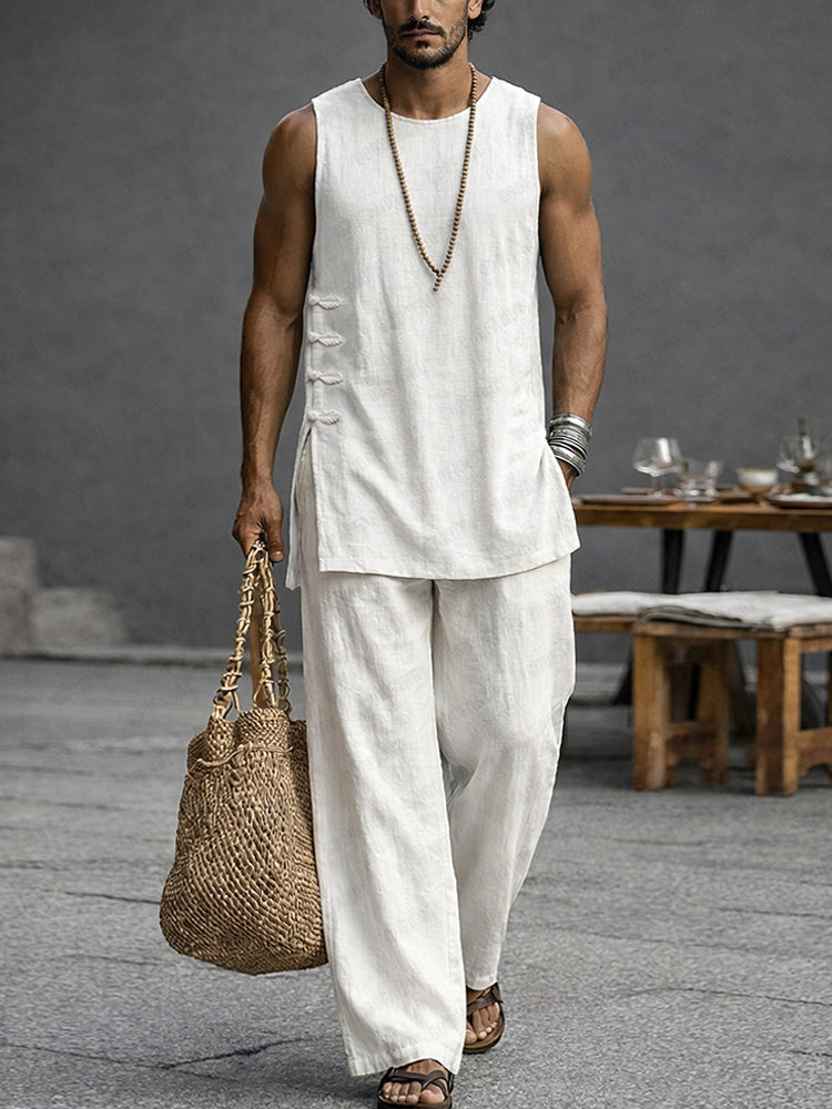 Simple Casual 100% Cotton Tank Top Pants Set - White
