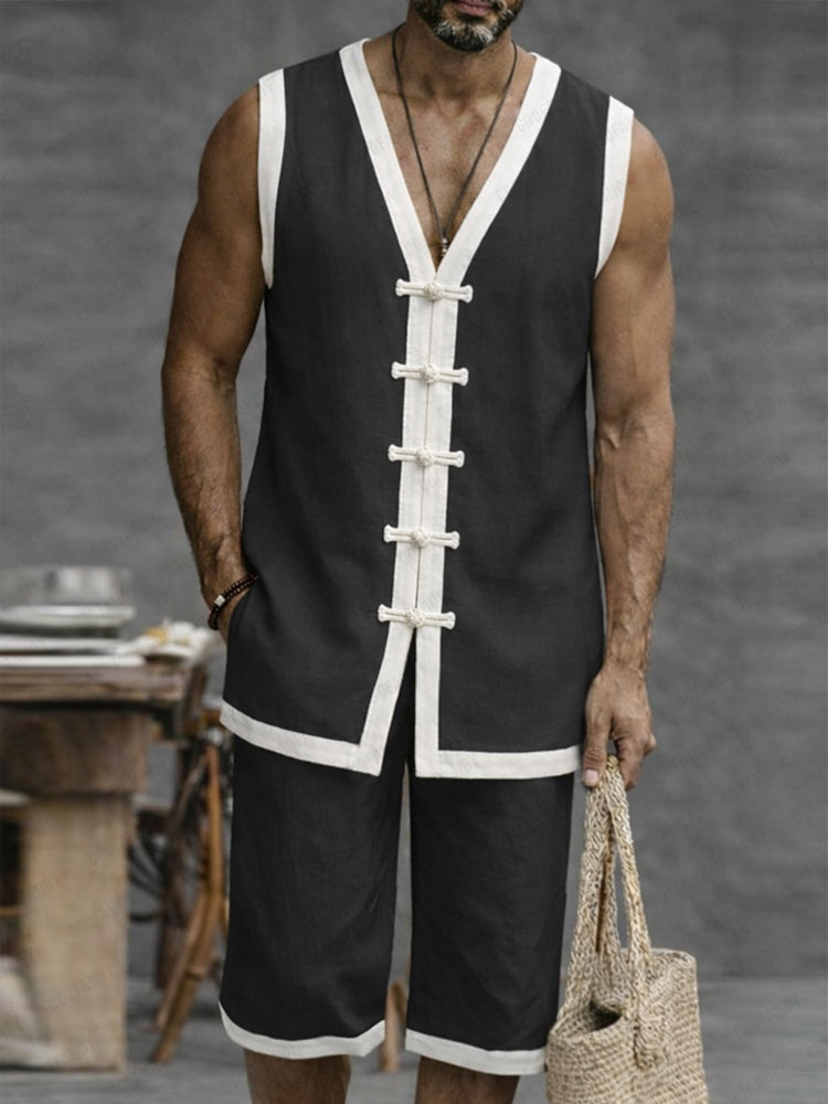 Relaxed Fit Contrast Color Frog Button Vest Set - Black